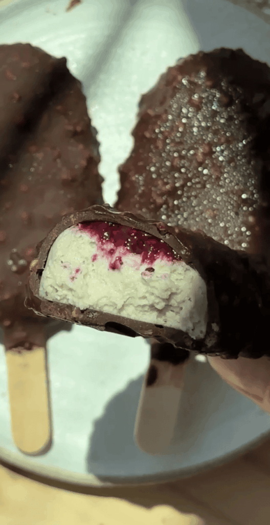 Chocolate ice cream bar with a creamy vanilla center and berry swirl filling.