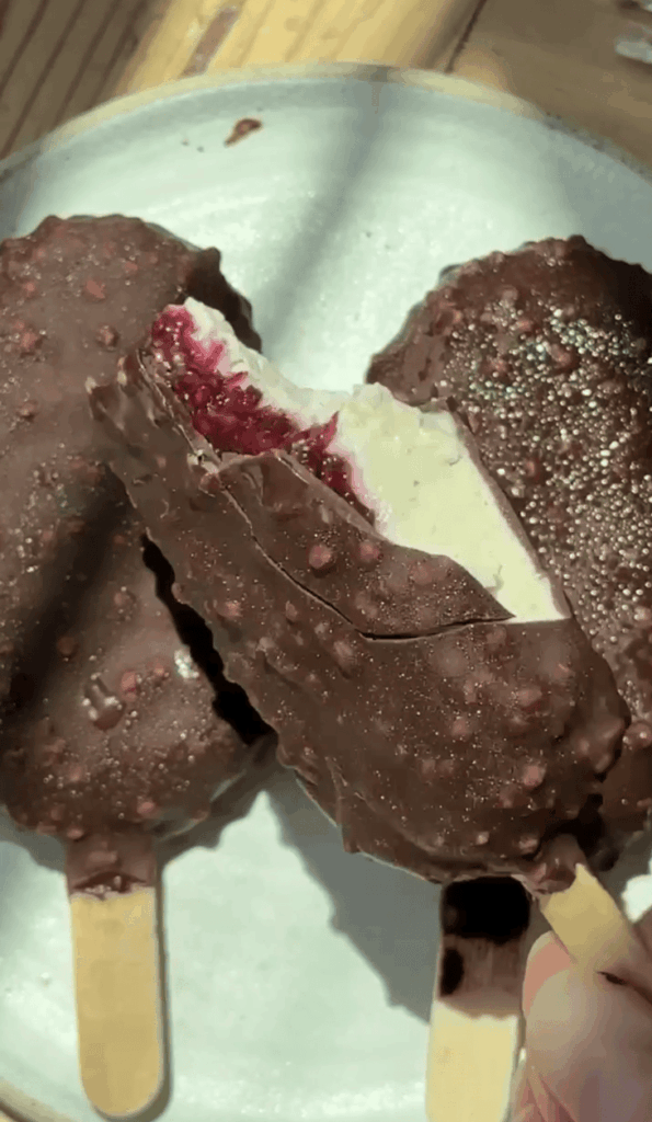Chocolate-covered ice cream bar with berry filling on a light blue plate.